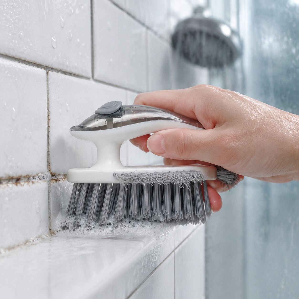 Close-up of grout brush bristles cleaning tile lines