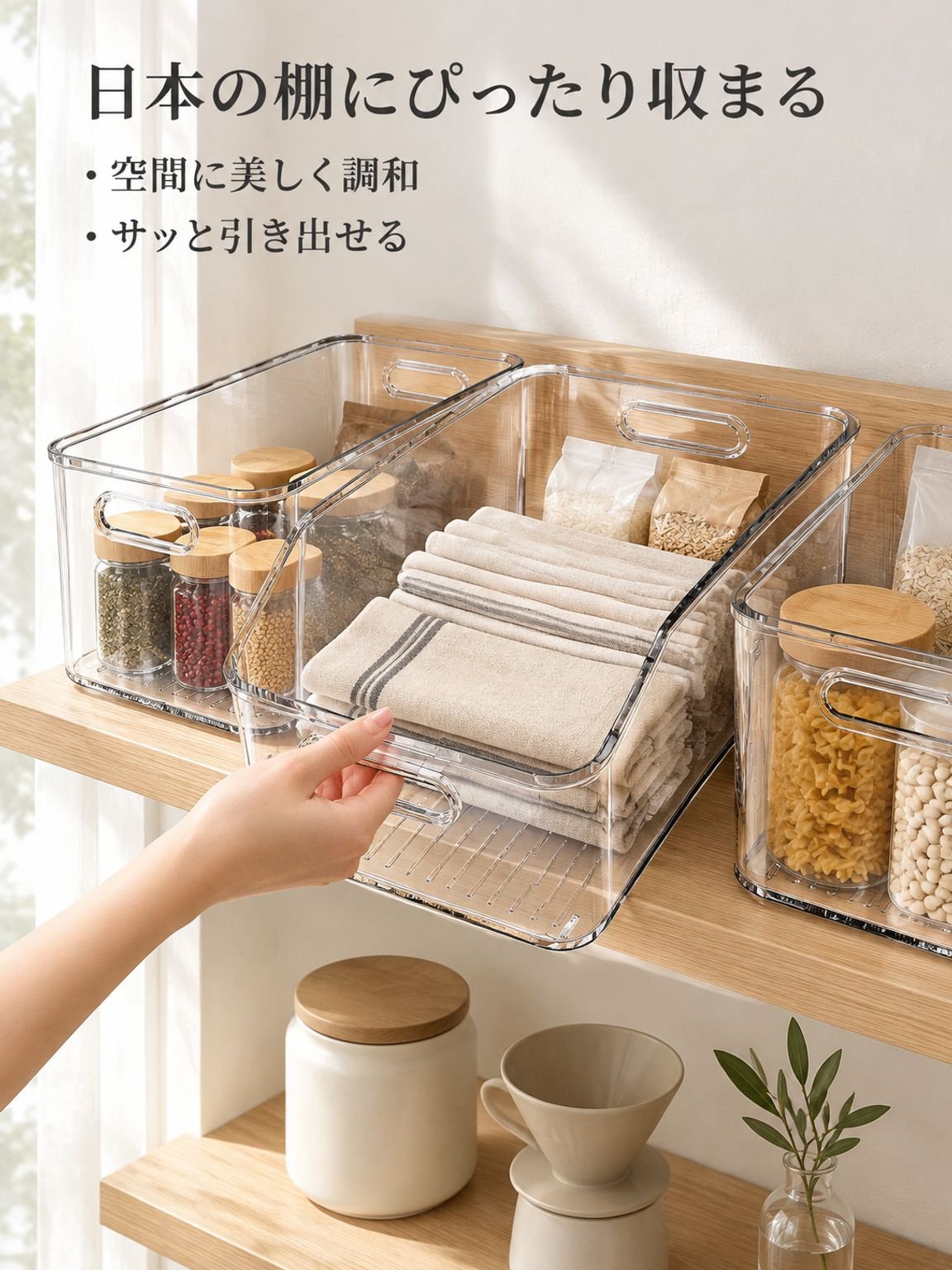 透明アクリル製デスク収納ボックス、中サイズの長方形お菓子収納ケース