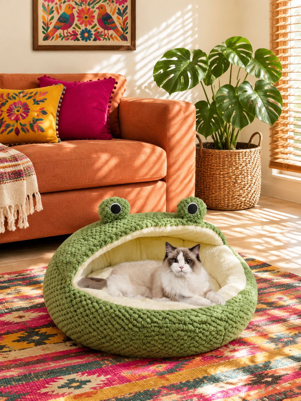 Cama para mascotas con diseño de rana verde