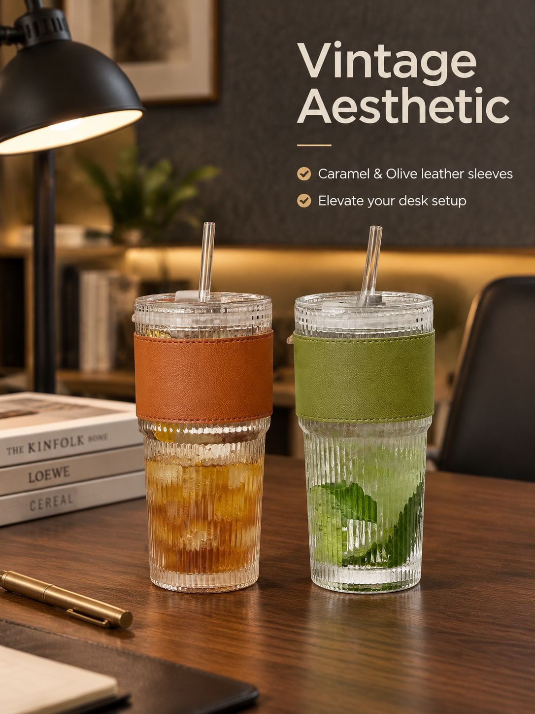 Close-up of the vertical stripe texture on a clear glass cup