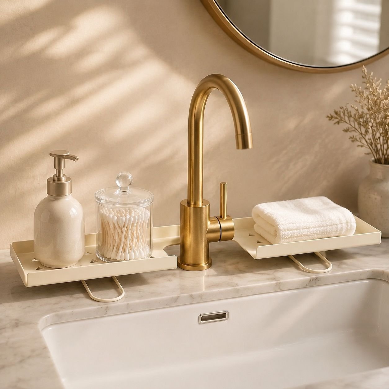 Modern plant holder installed on bathroom sink faucet