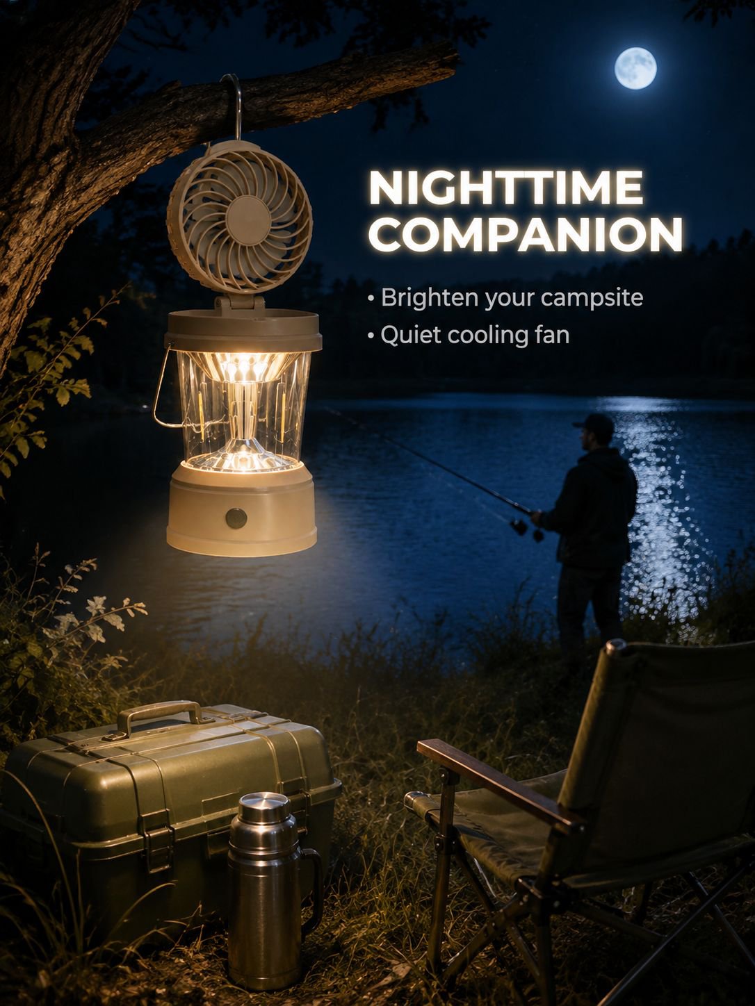 Outdoor camping gear featuring portable tent light and fan combo