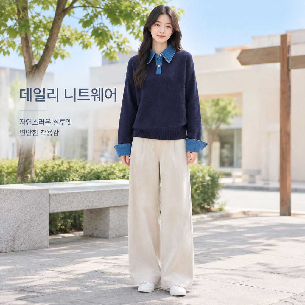 가을겨울 여성 POLO 카라 데님 배색 레이어드 니트 상의
