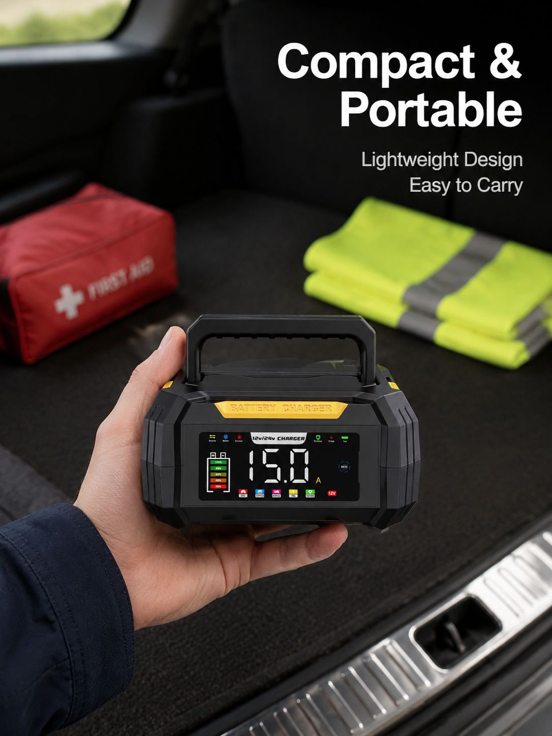 New portable 12V lead-acid/lithium iron phosphate universal car battery charger with concealed cable