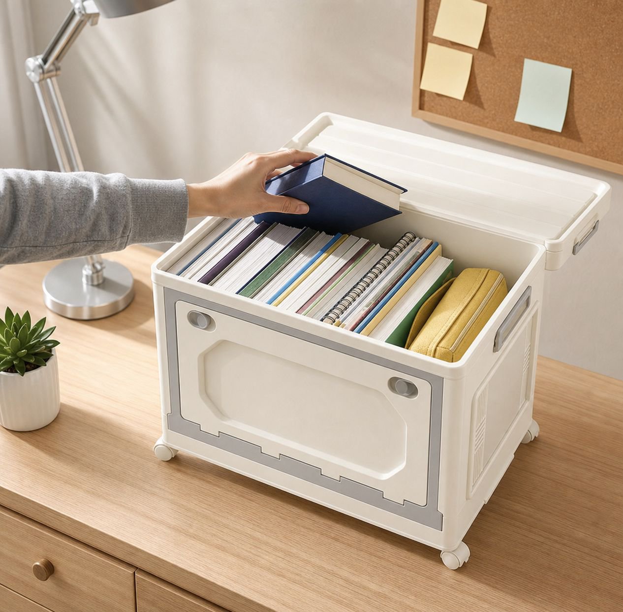 Student storage box with wheels for easy mobility