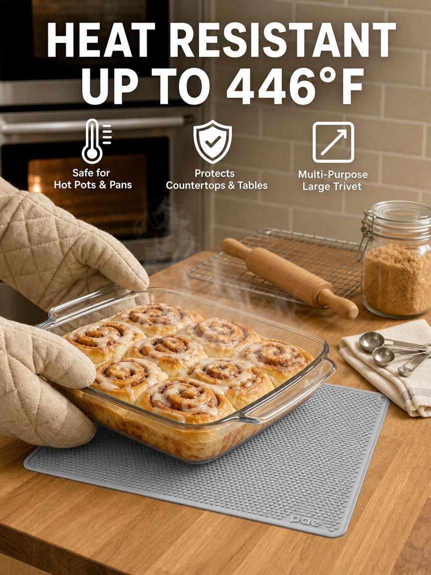 Heat-resistant mat protecting countertop from hot pans