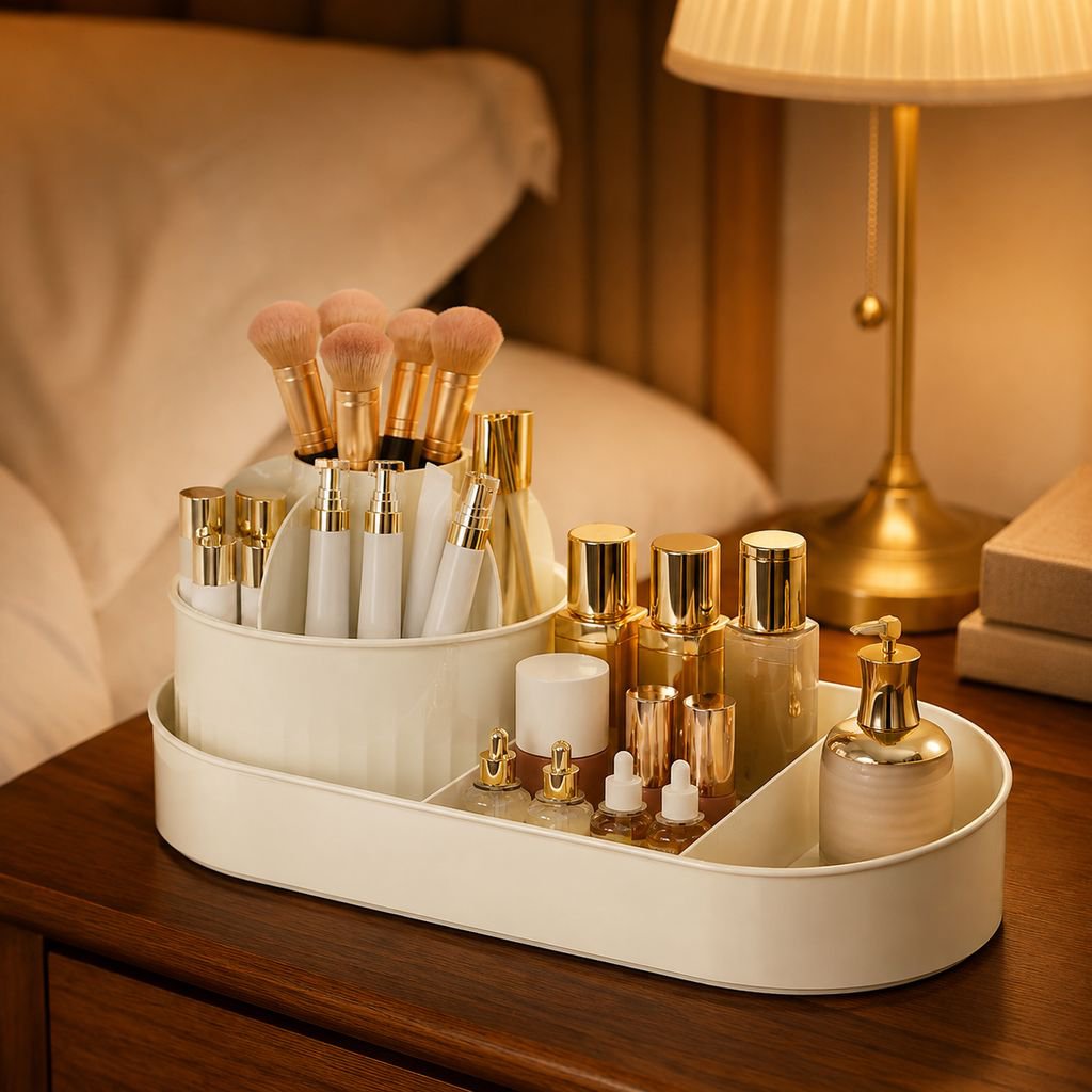 Easy-access cosmetic organizer for desktop use