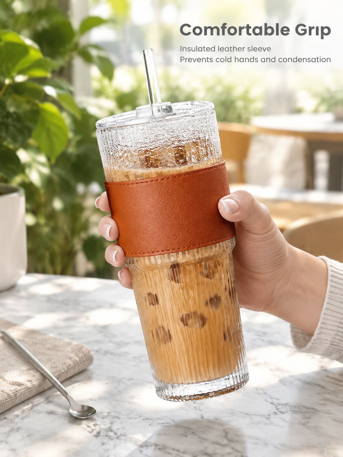 Minimalist glass cup filled with hot tea
