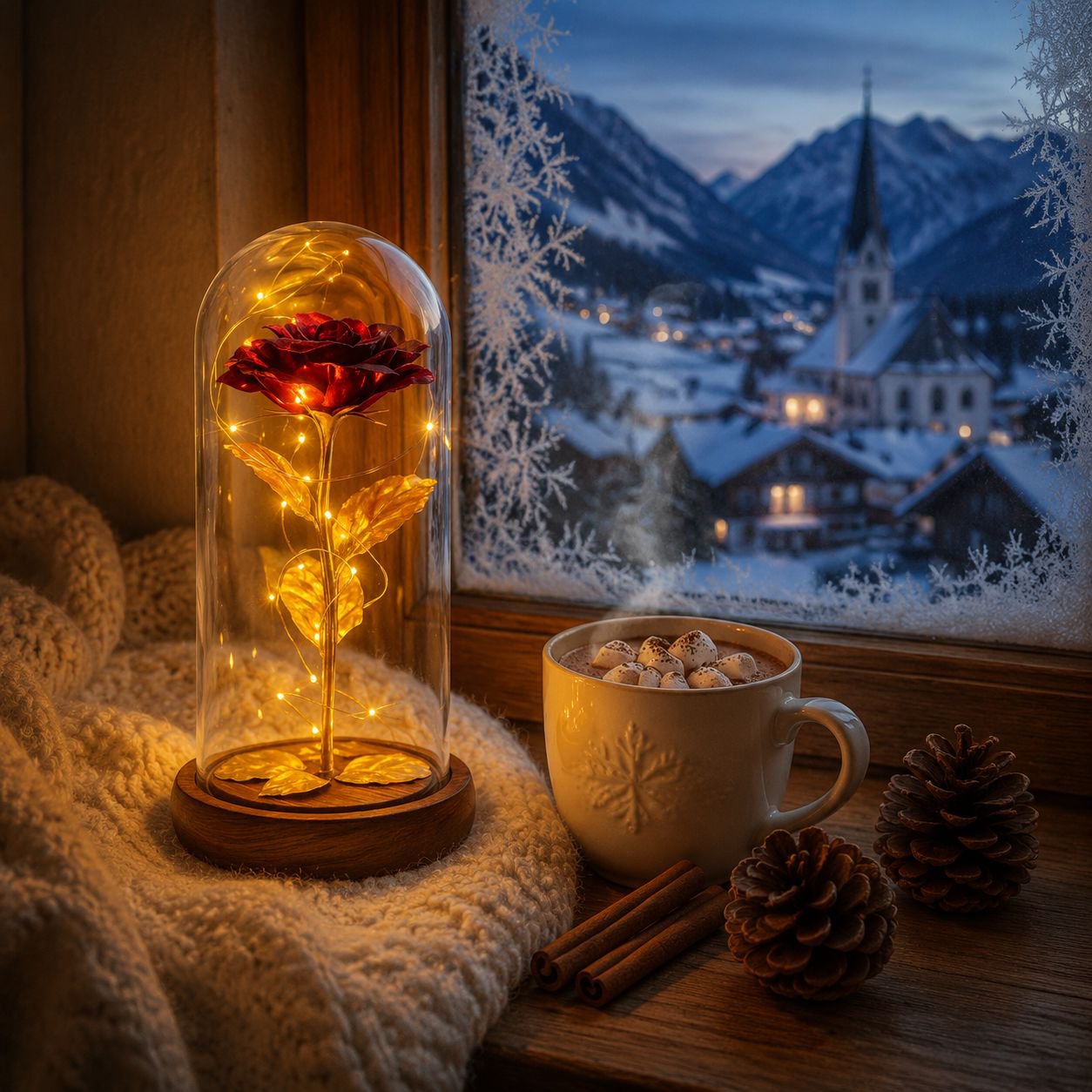 Künstliche Rosenblume unter Glashaube mit Goldfolie, ewige Blume, festliche Dekoration