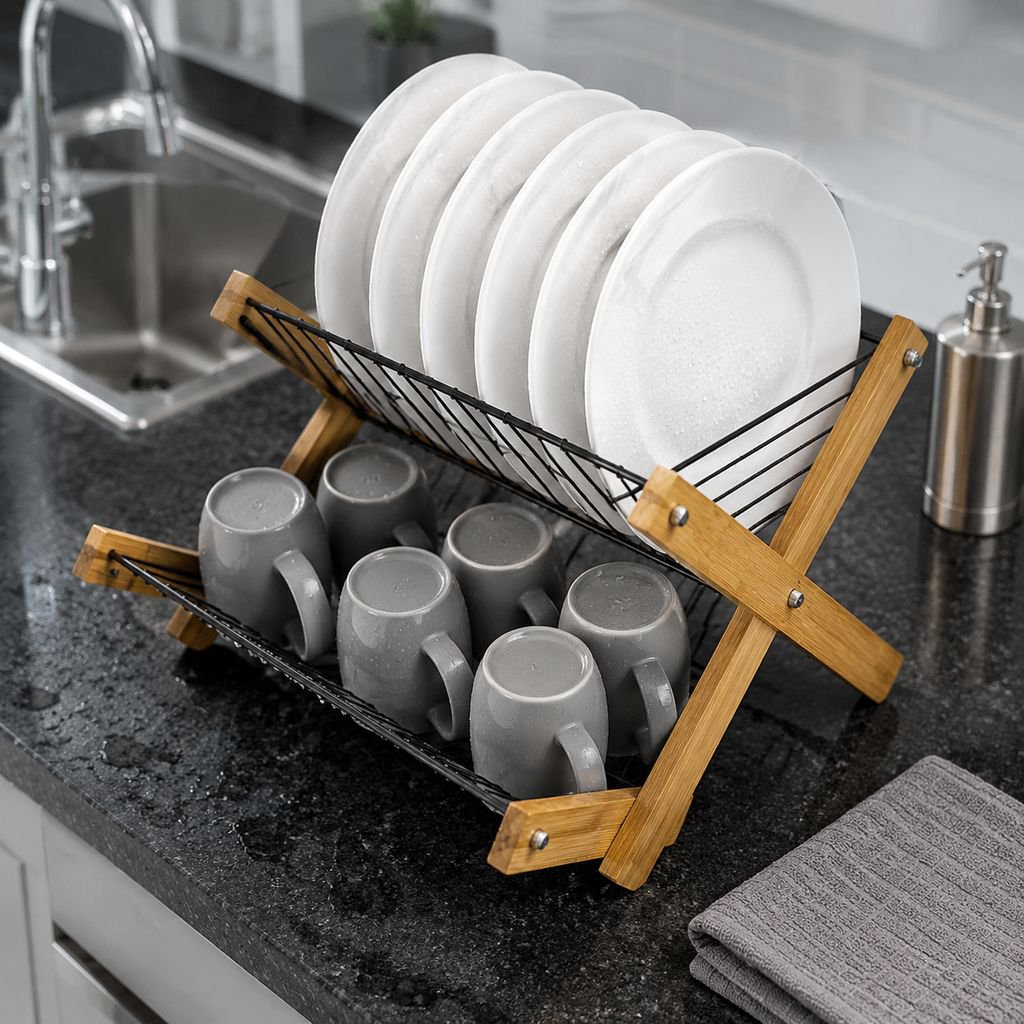 Multifunctional Bamboo Dish Rack for Kitchen Countertop