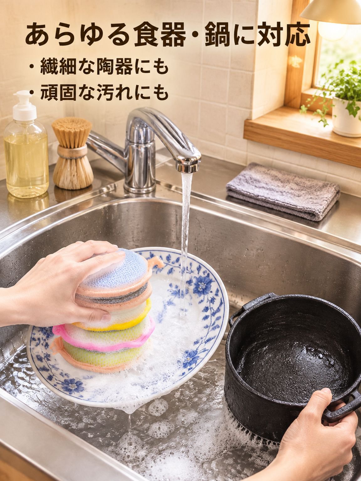 両面丸型食器洗いスポンジブラシ