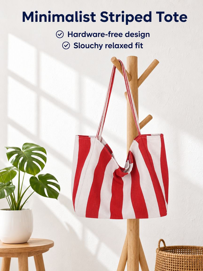 Korean Fashion Large Capacity Striped Tote, Stylish Literary Shoulder Bag