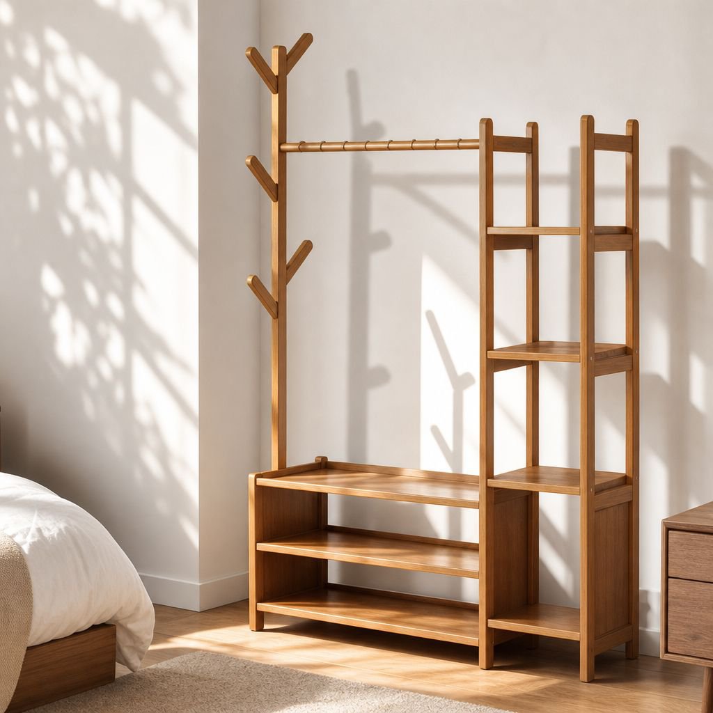 Stylish Chinese inspired solid wood hall tree with drawer