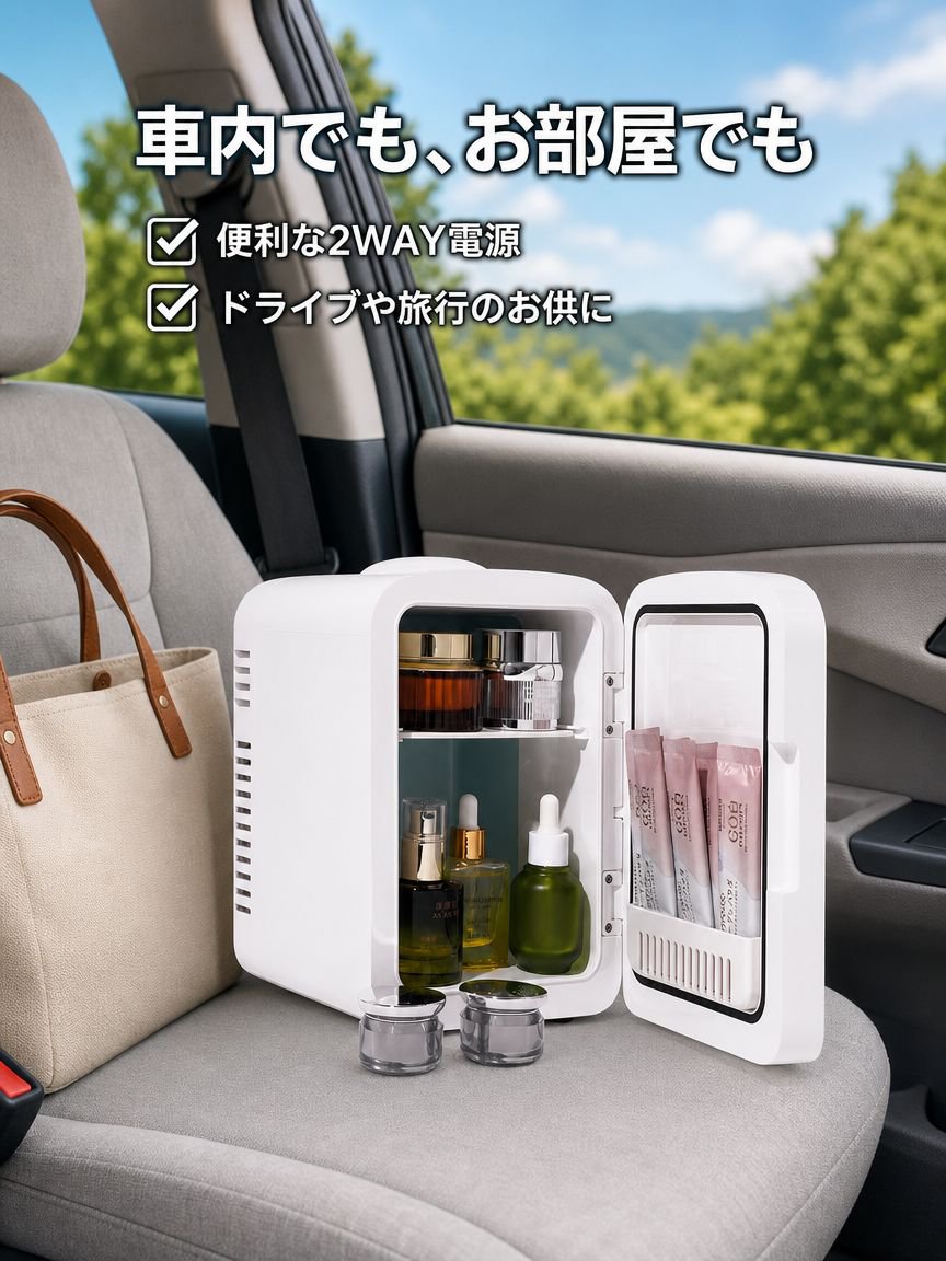 化粧鏡付きの小型冷蔵庫。車内でも家庭でも使用可能。
