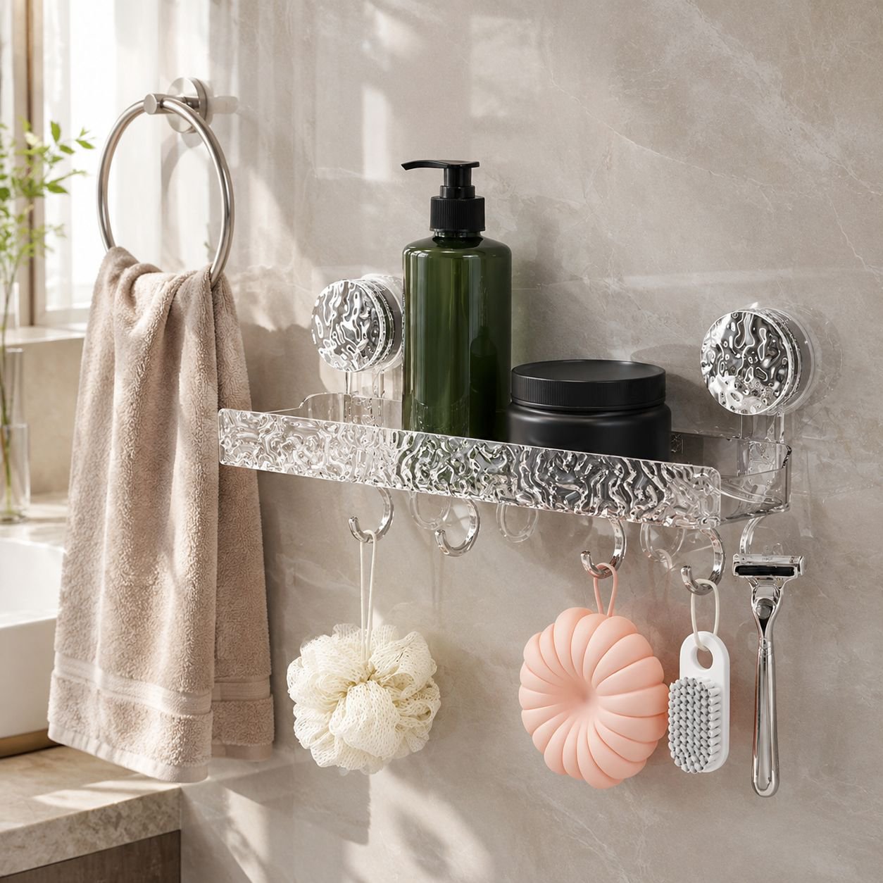 No-drill wall shelf holding shower essentials