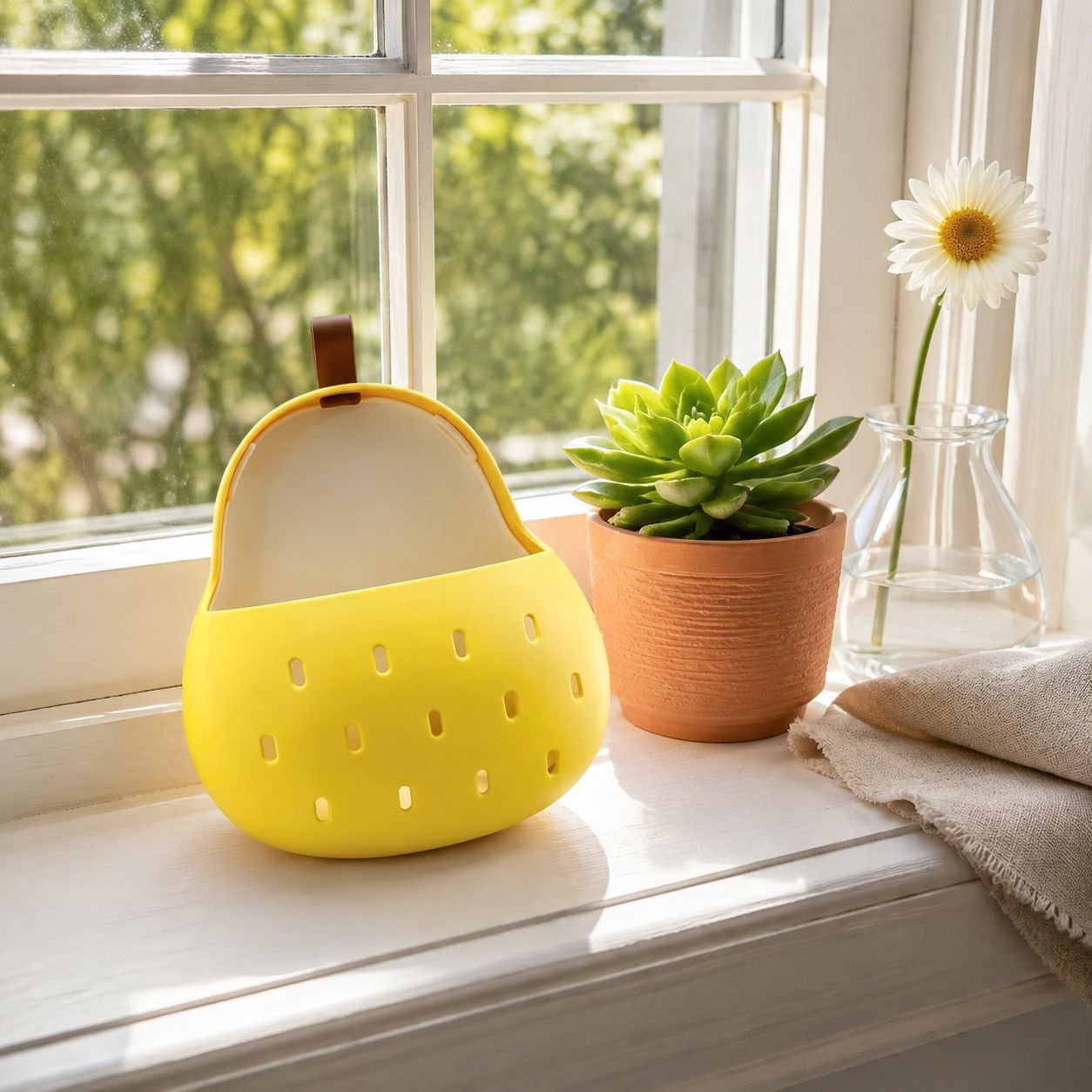 Utensil organizer with pear shape design and drainage holes