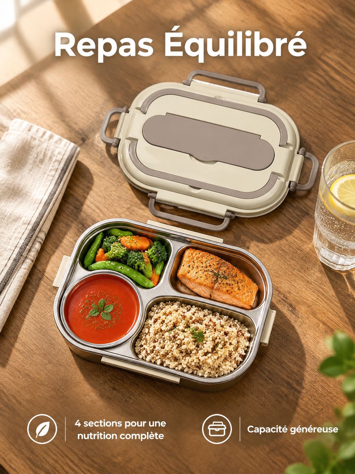 Lunch box inox avec compartiments pour repas équilibré