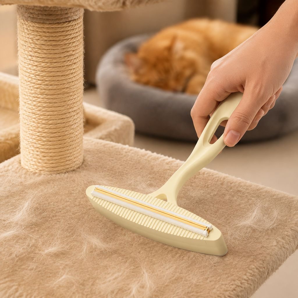 Hand using lint remover on wool sweater