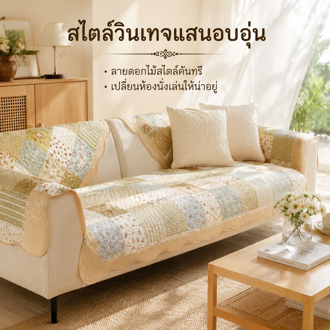 ผ้ารองโซฟาผ้าฝ้ายลายชนบท ใช้ได้ทุกฤดู