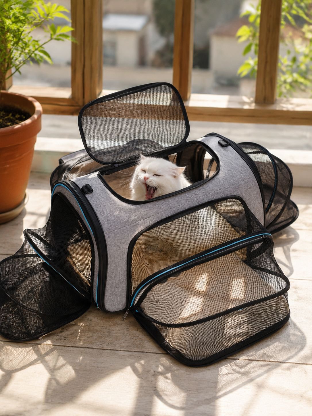 Sac de voyage pour chat avec espace extensible pour plus de confort
