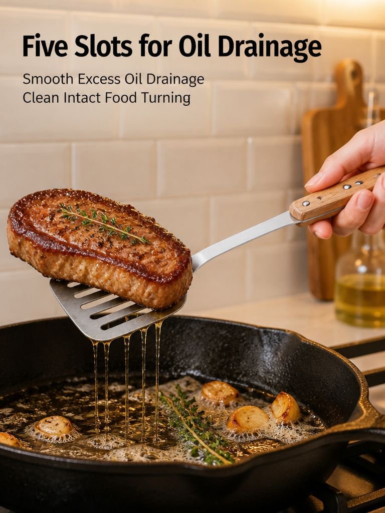 Stainless steel spatula with a comfortable solid wood handle