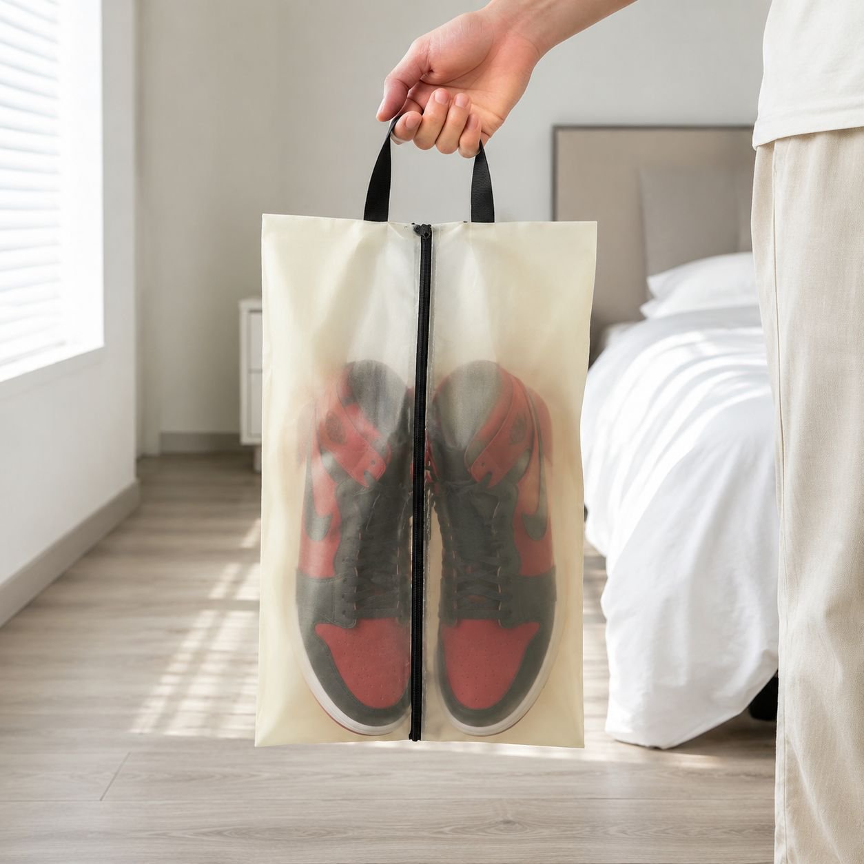 Travel-friendly shoe bag with zipper closure