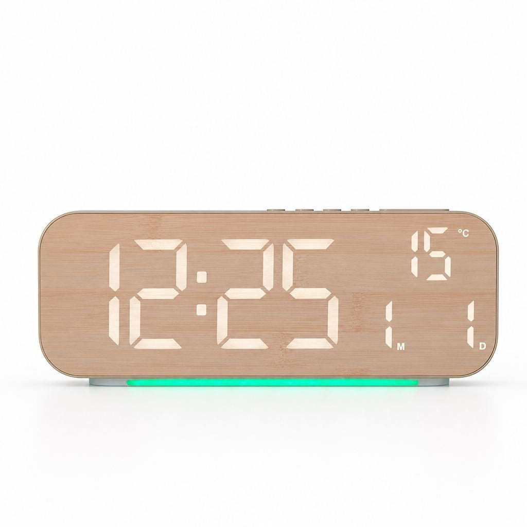 Stylish Nordic Woodgrain Fabric Table Clock with Large LED Display, Date and Day of the Week