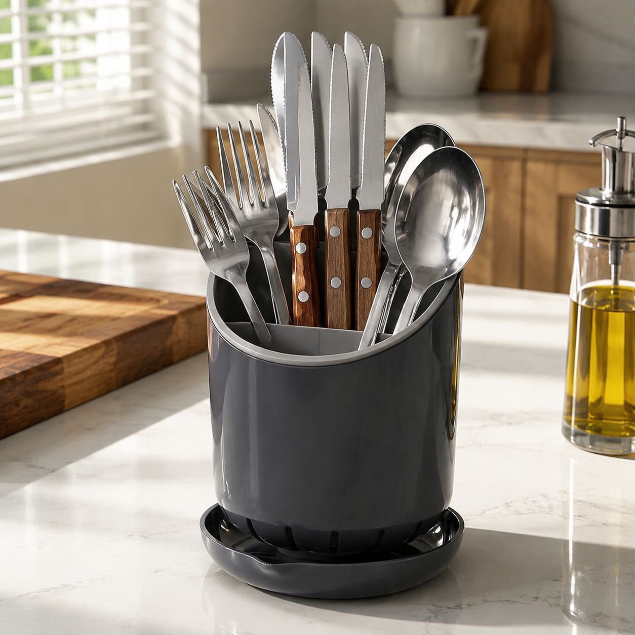 Removable utensil organizer holding forks, spoons, and knives