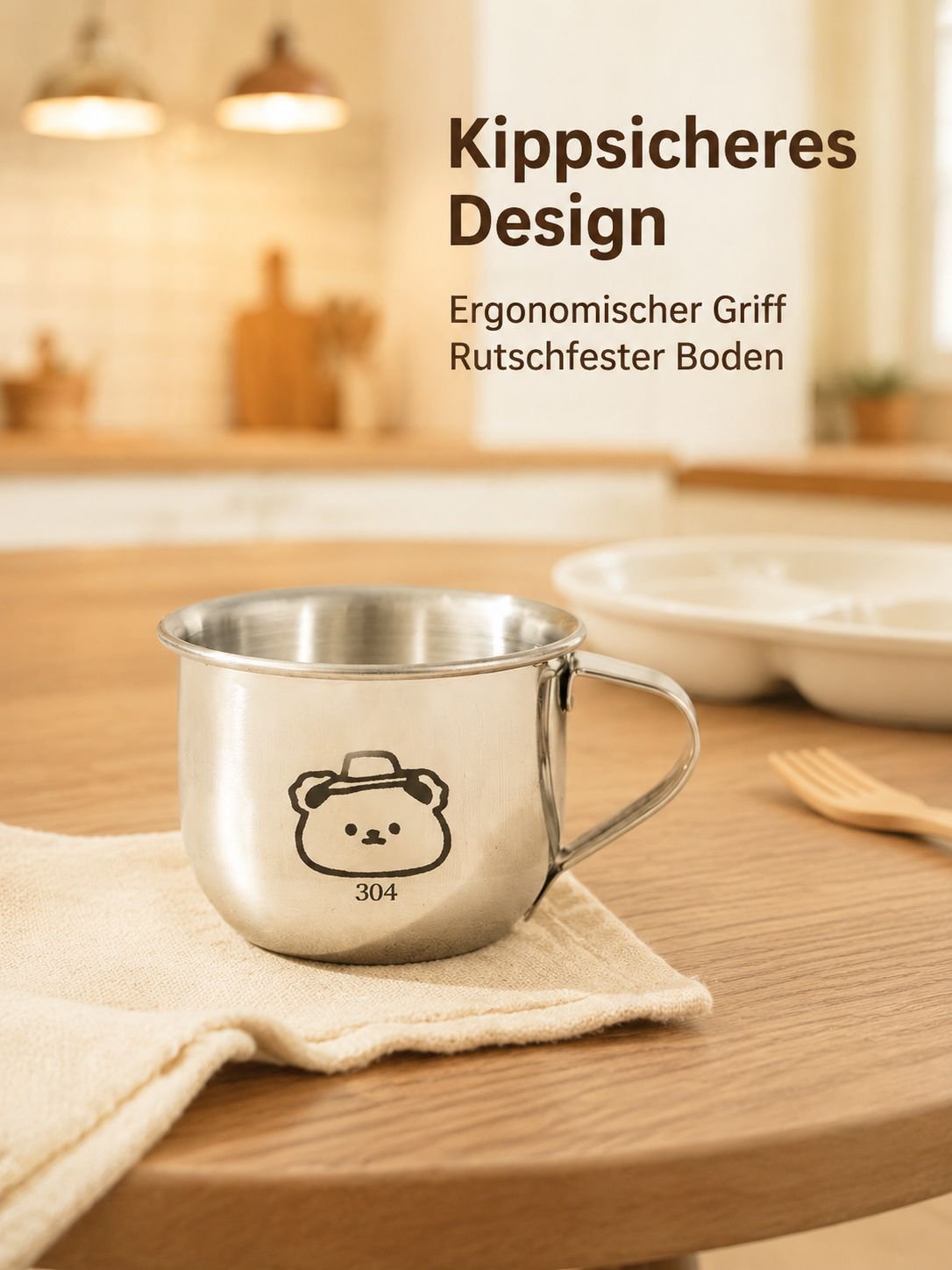 Babybecher aus Edelstahl mit Griff, lebensmittelecht, rutschfest für Kleinkinder