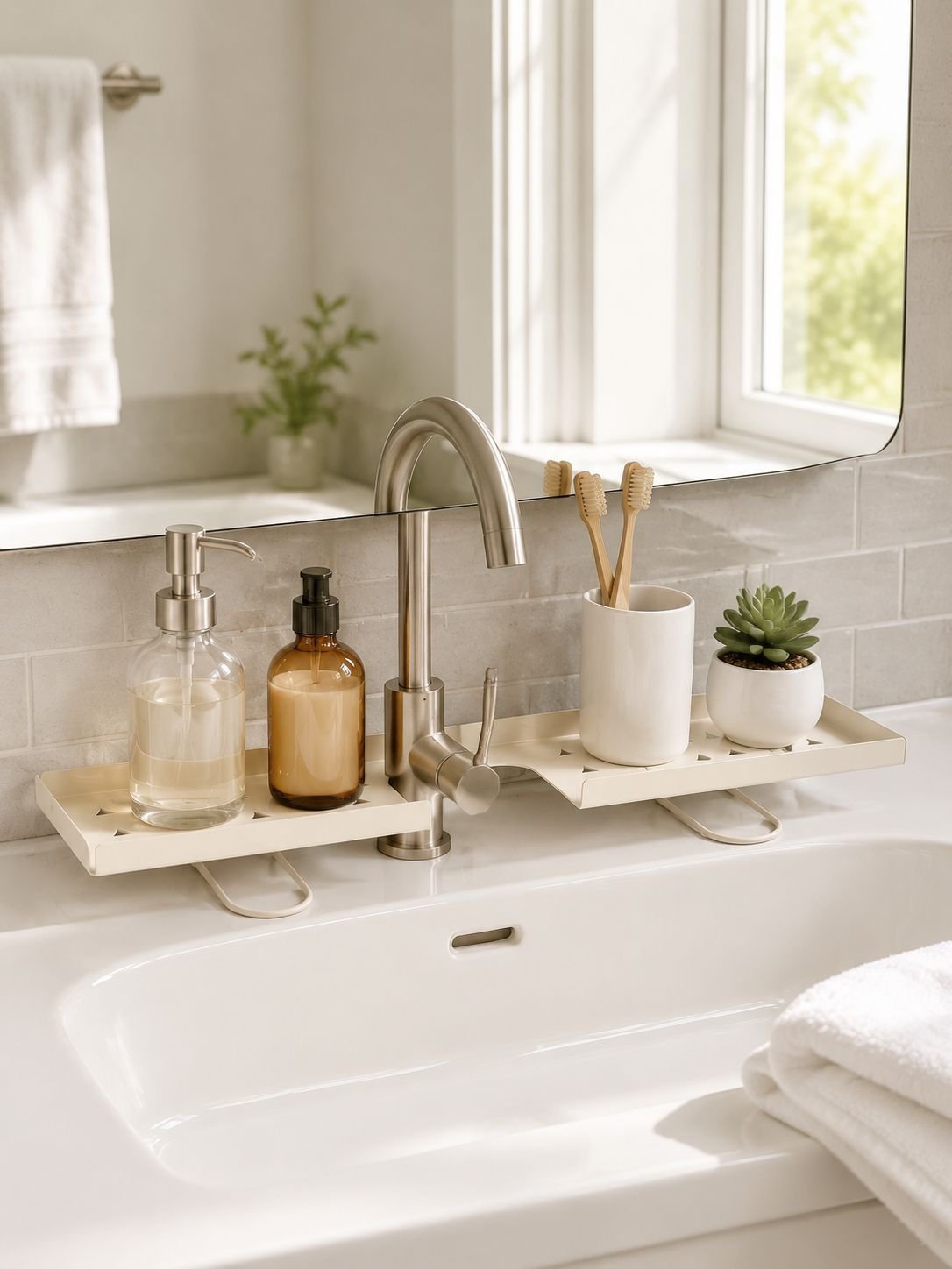Estante para plantas sobre grifo de baño moderno