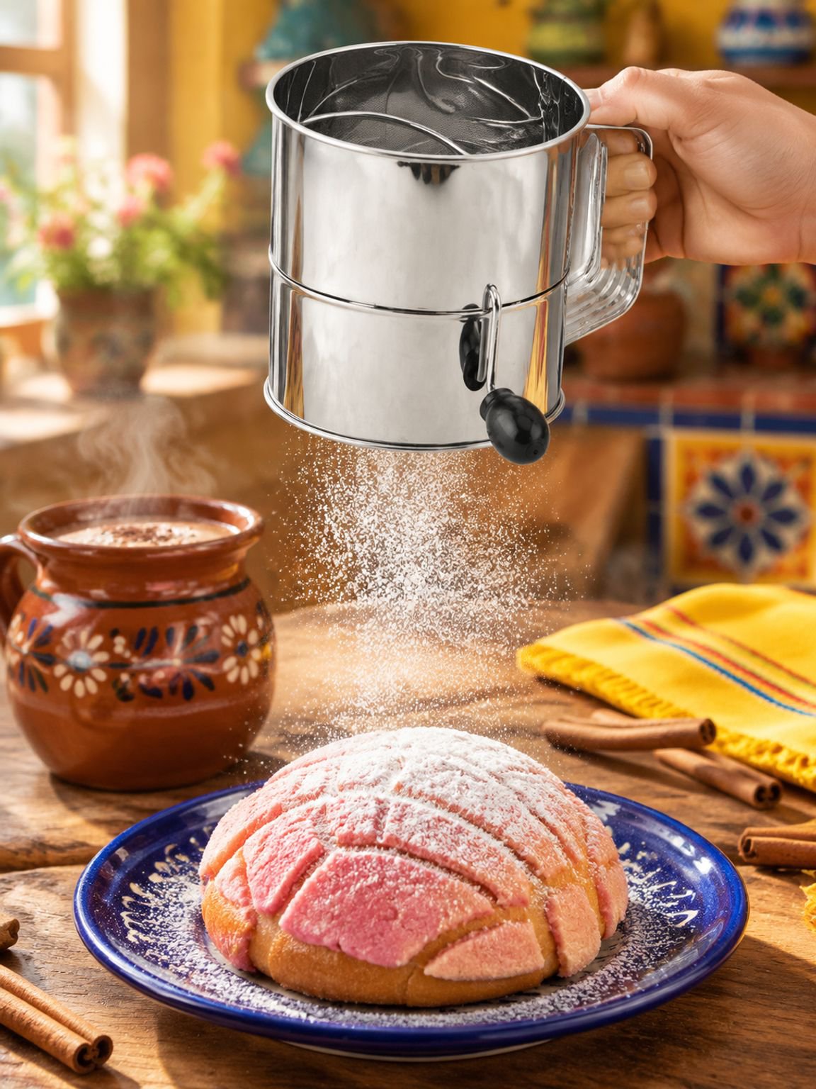 Uso del tamiz manual de harina en la repostería diaria.