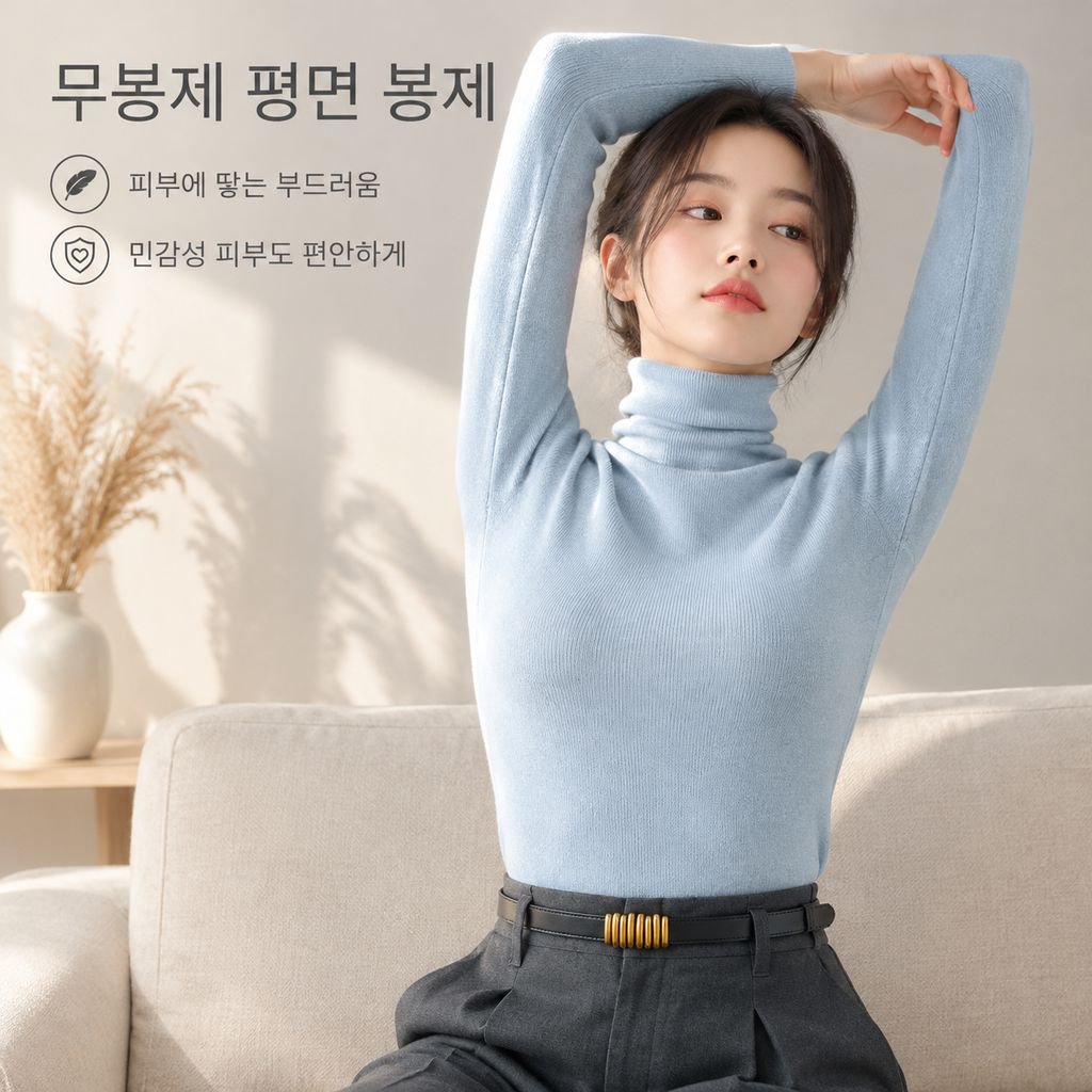 가을겨울 여성 화이트 루즈 터틀넥 슬림핏 긴팔 니트 티셔츠 이너