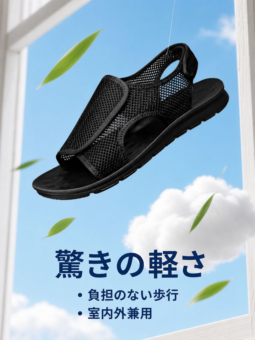 メンズ通気性軽量サンダル マジックテープ調節 滑り止め・水洗い可能メッシュスリッパ