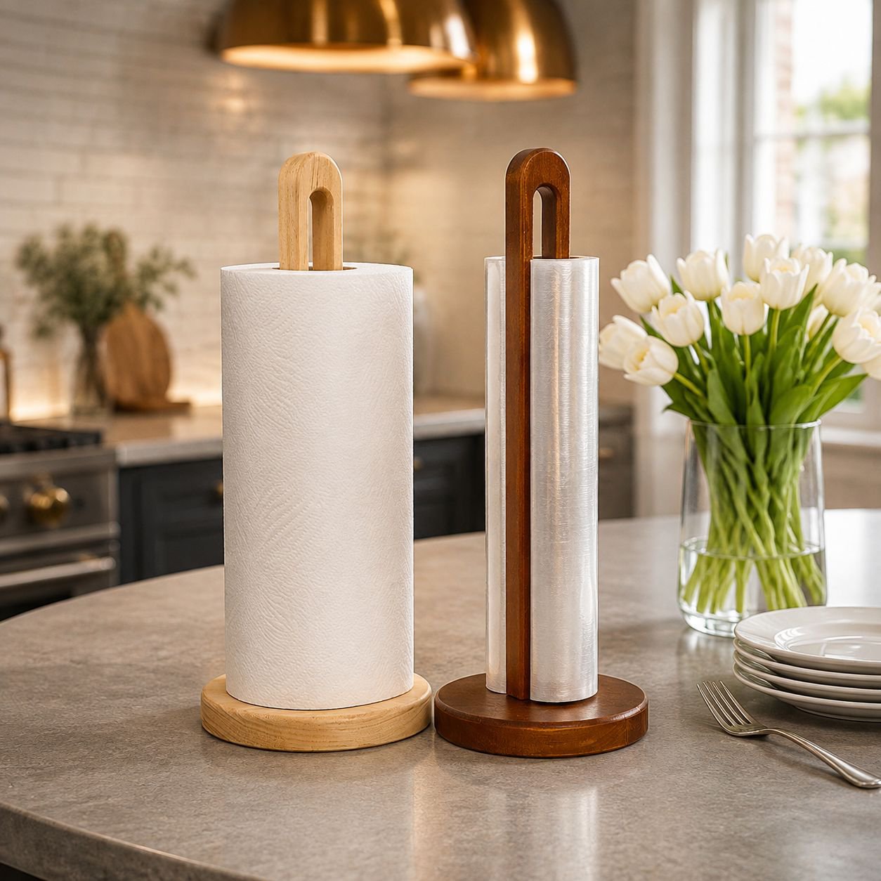Porte-rouleau de papier en bois pour cuisine, rangement sans perçage pour chiffon et film fraîcheur
