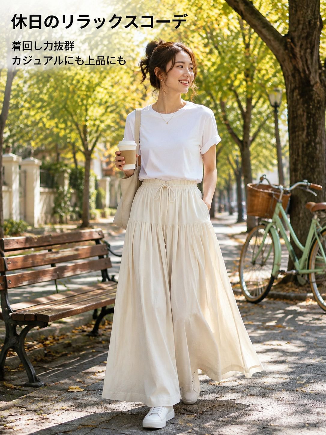 ハイウエストワイド切替ロングスカートパンツ ゆったりスリム効果