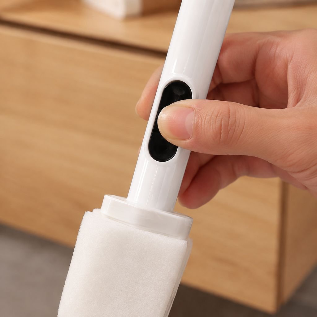 Long-handle brush scrubbing bathroom tiles in hard-to-reach areas