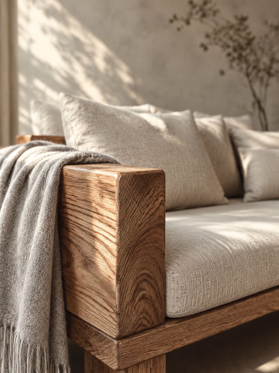 Minimalistisches Wabi-Sabi-Dreisitzer-Sofa aus Massivholz