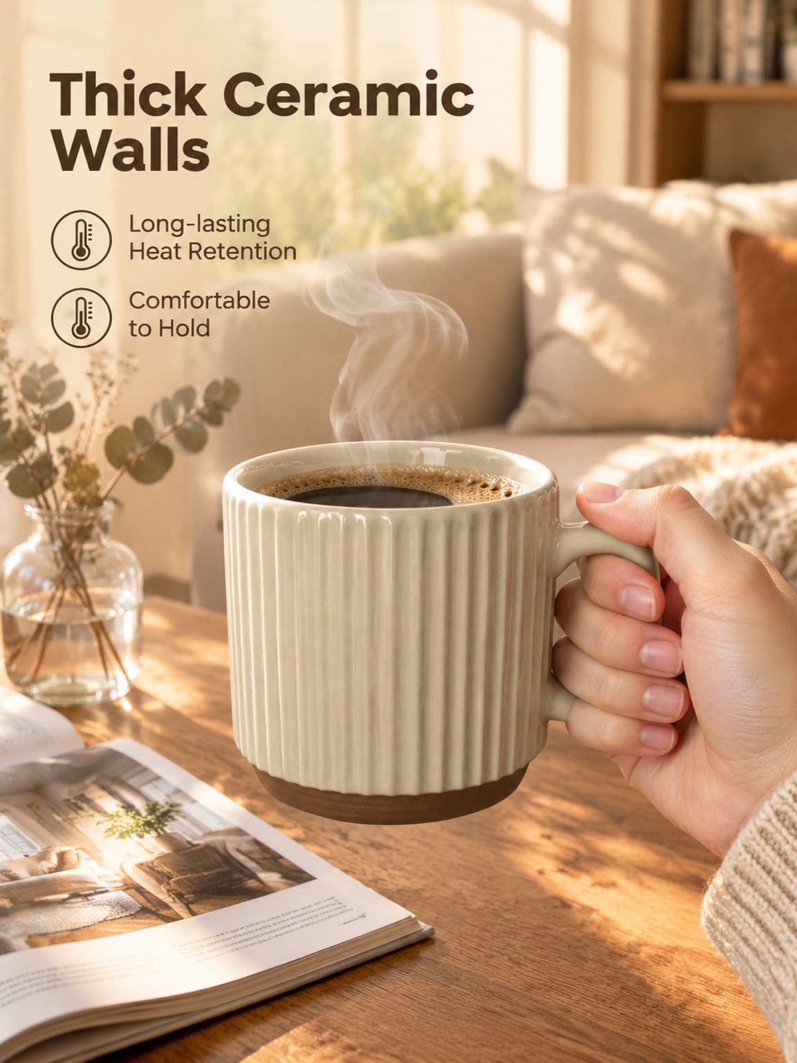 Cozy morning coffee in a Retro Beige Vertical Stripe Mug