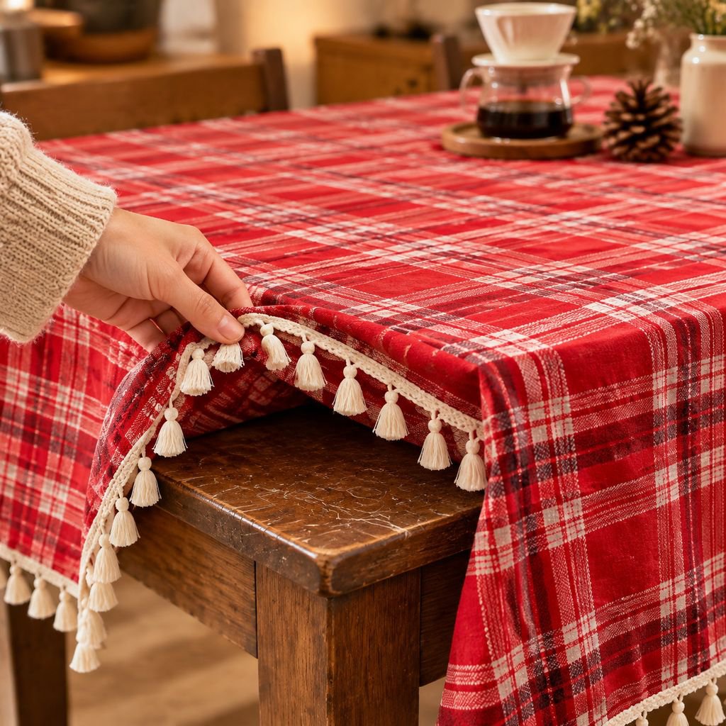 クリスマスの食卓を彩る赤緑チェック柄のテーブルクロス