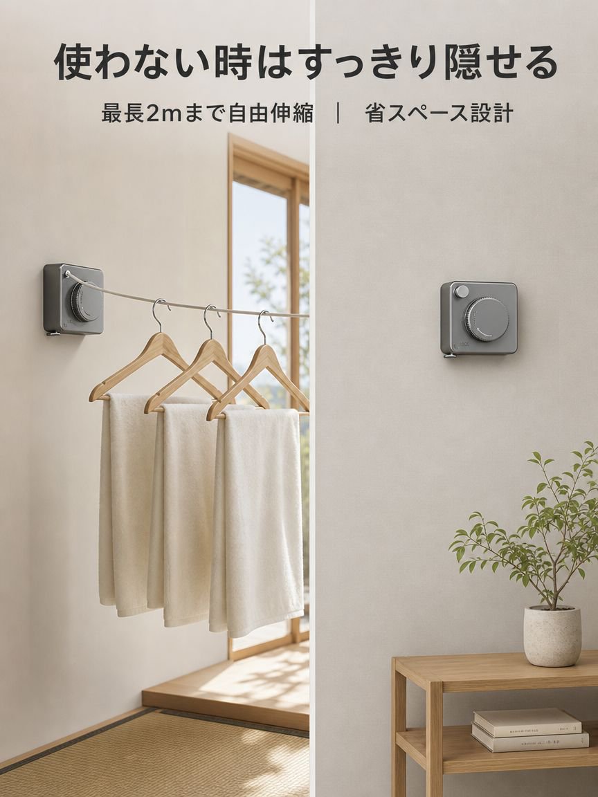 穴あけ不要・家庭用ステンレスワイヤー隠し物干しロープ