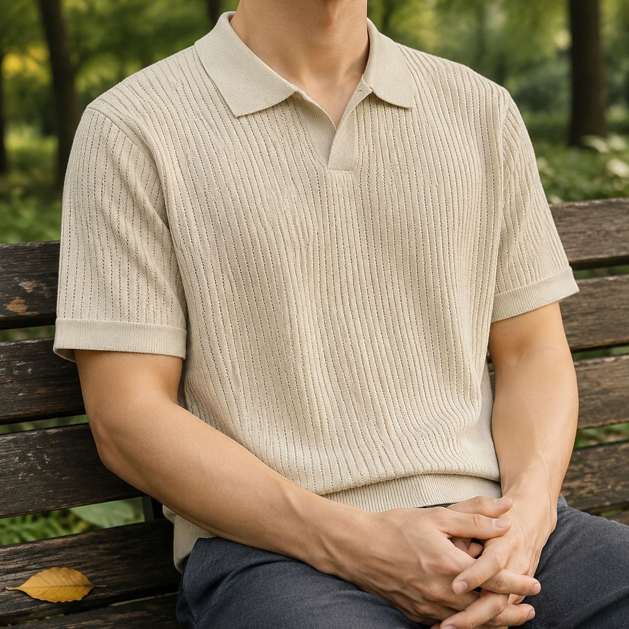 Polo en maille ajourée pour homme à col en V en soie glacée, manches courtes