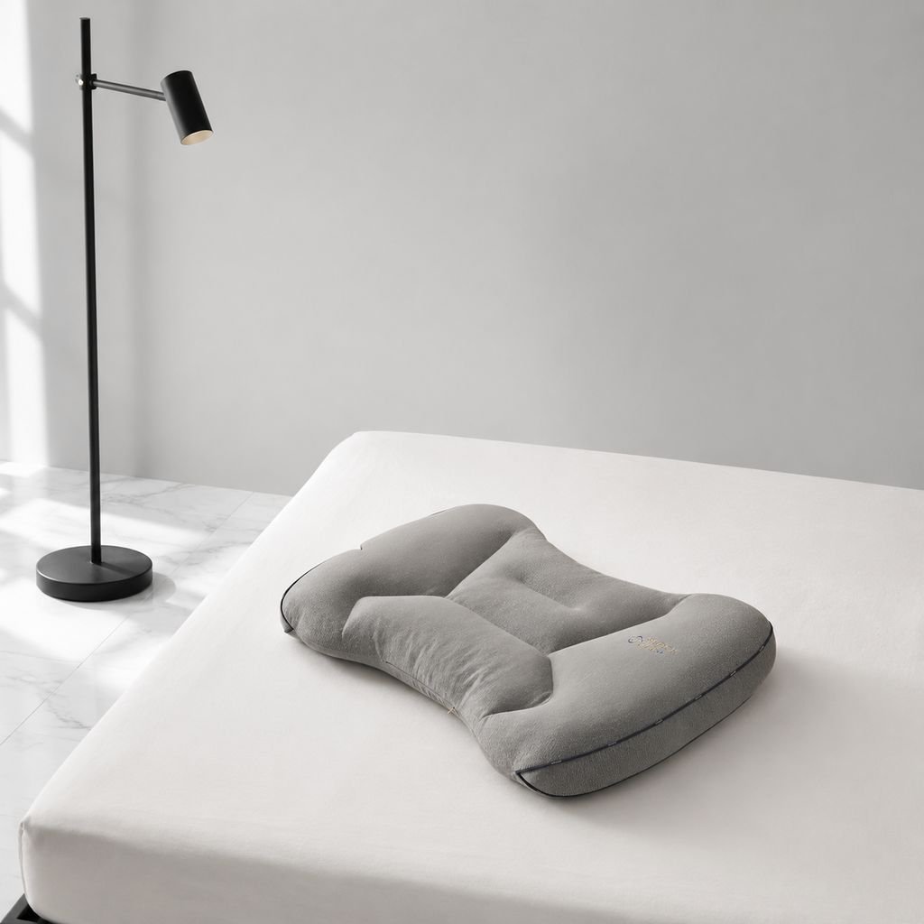 Side view of Black Gold Hose Pillow on bed
