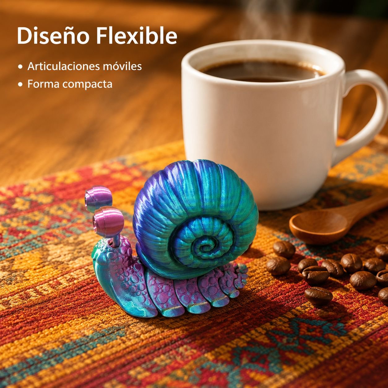 Figura de caracol articulado impresa en 3D para escritorio