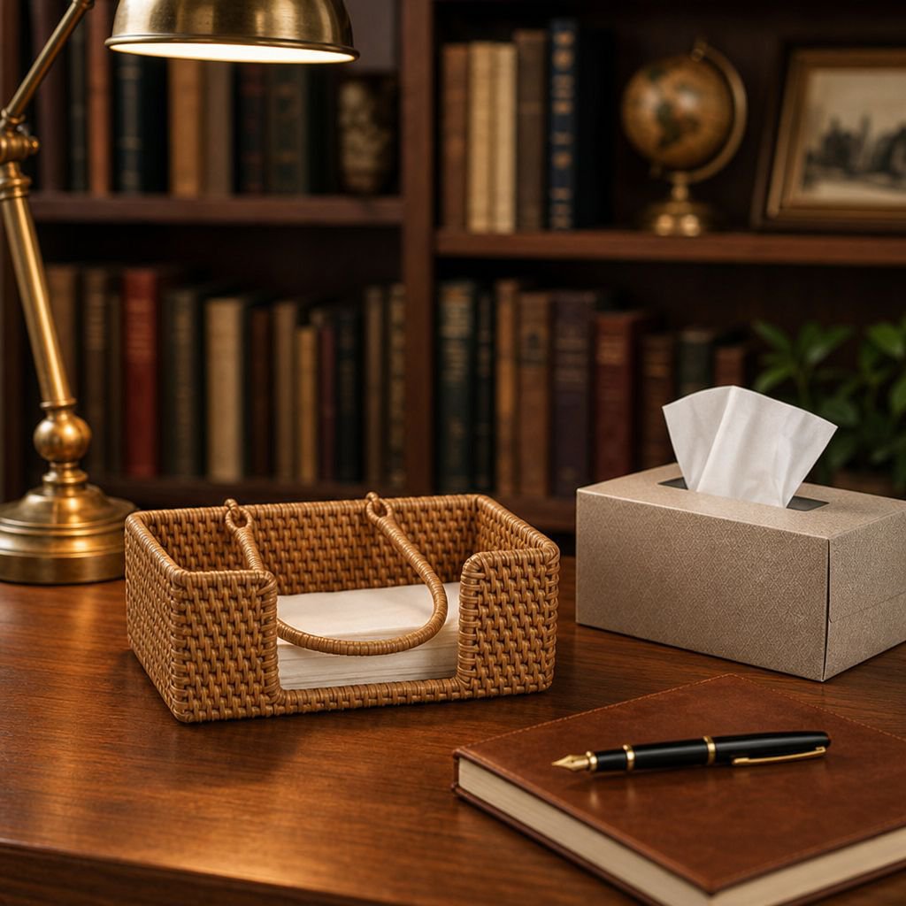 Natural woven rattan tissue dispenser in bedroom
