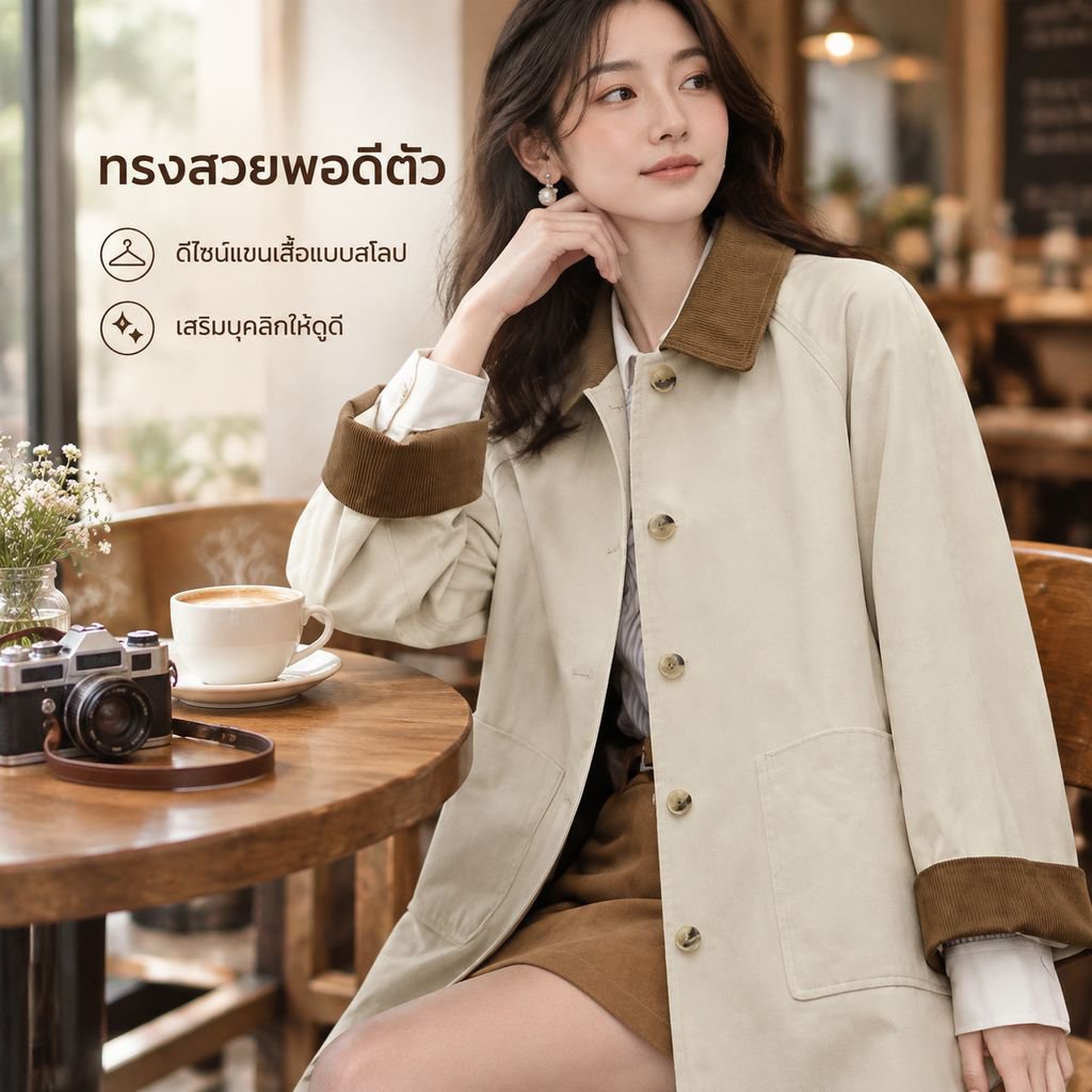 เสื้อโค้ทยาวผู้หญิง สีคากี สไตล์ญี่ปุ่น สำหรับฤดูใบไม้ผลิและใบไม้ร่วง