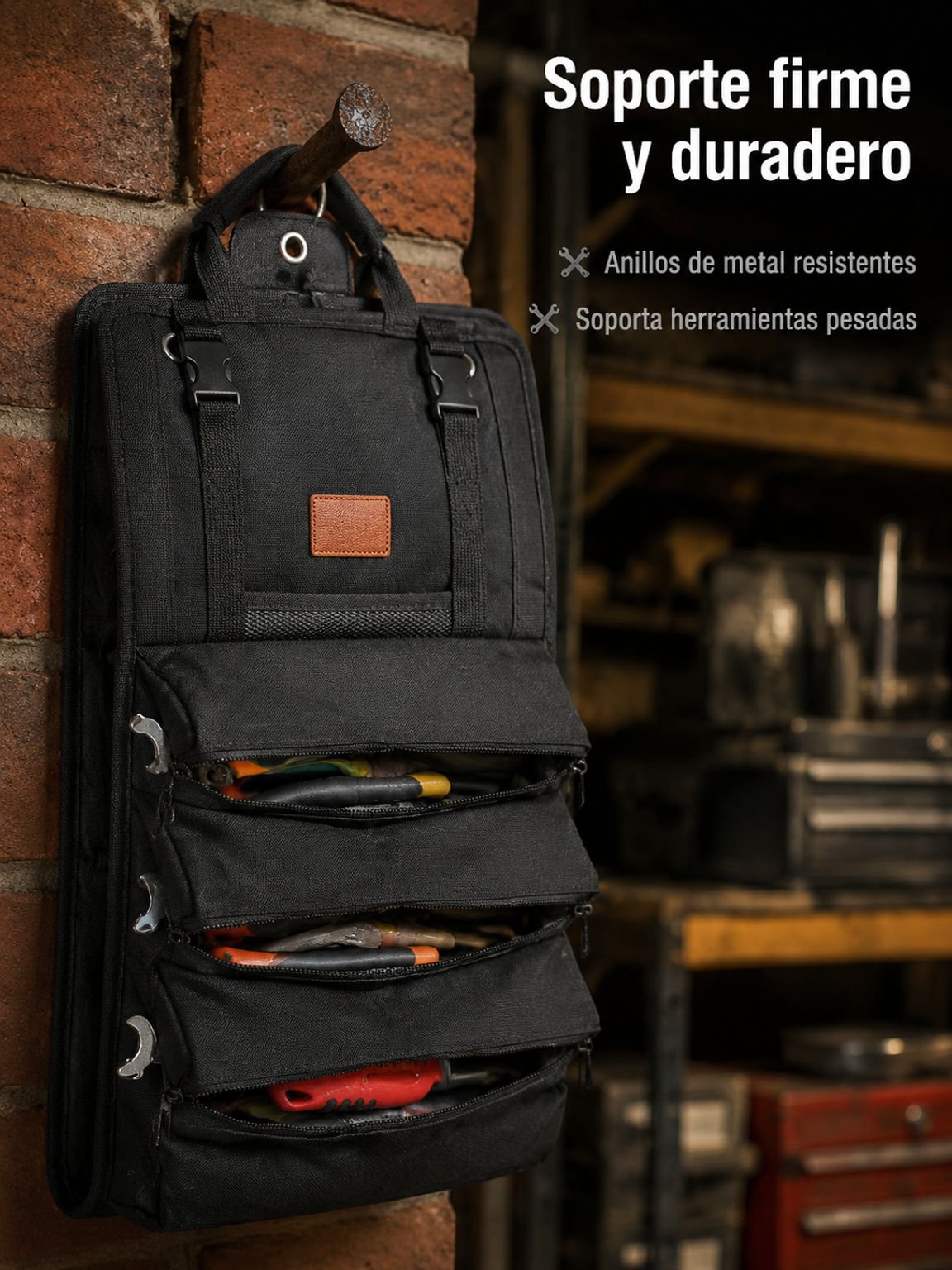 Vista lateral de la bolsa de herramientas con múltiples compartimentos