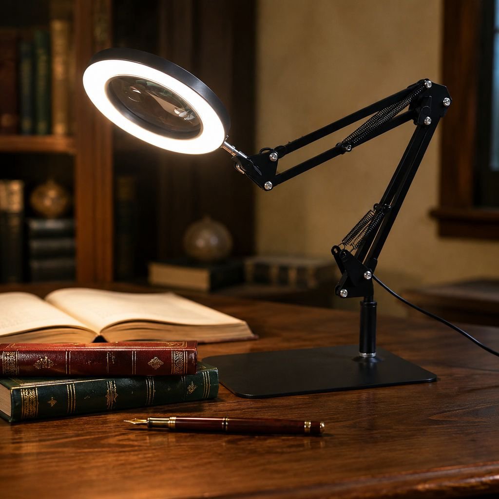 Lampe de bureau pliante avec loupe JMY, protection des yeux, idéale pour la lecture et l'étude