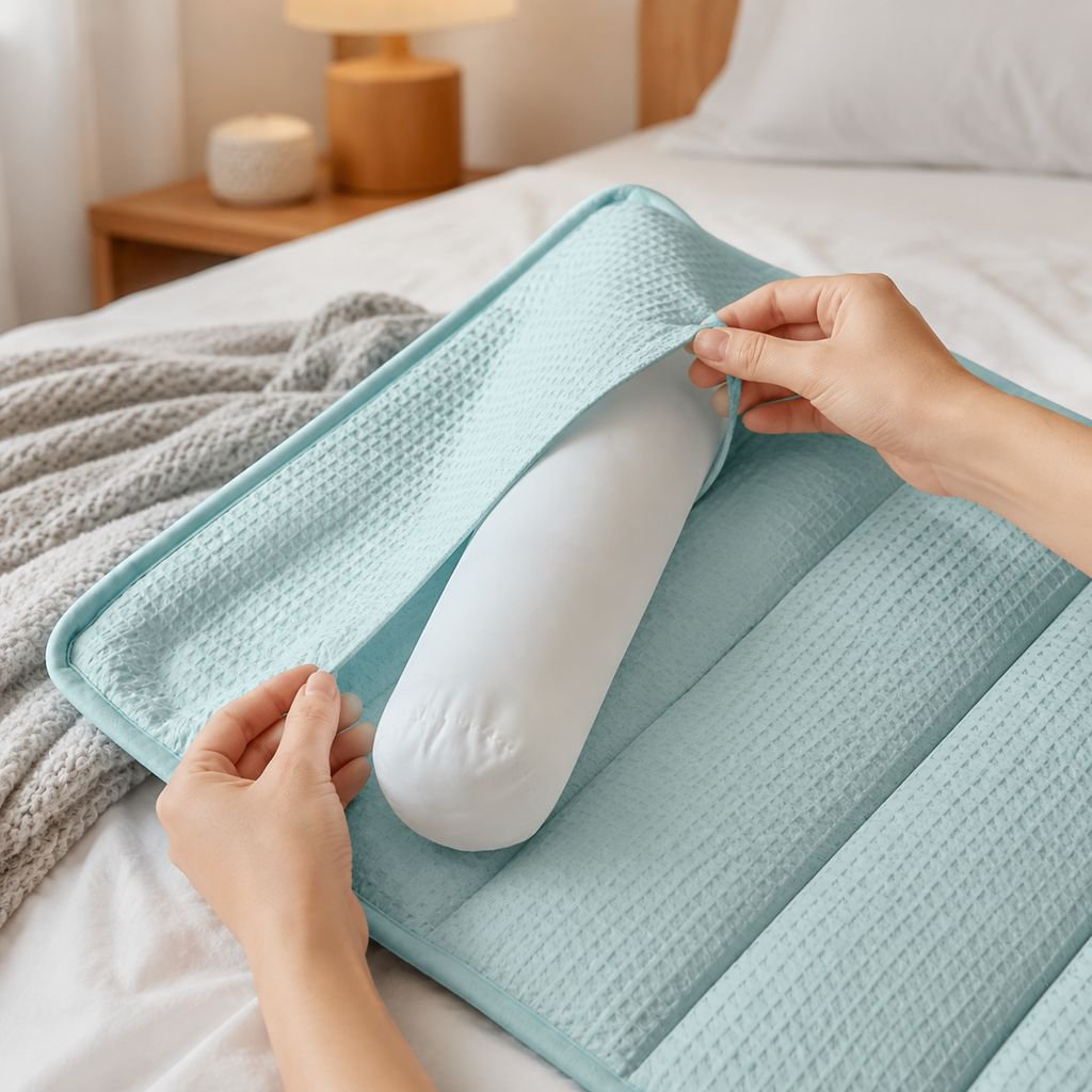 Close-up of pure cotton fabric on neck support pillow
