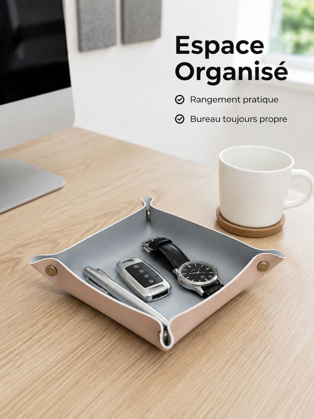 Plateau de rangement en cuir pour bureau