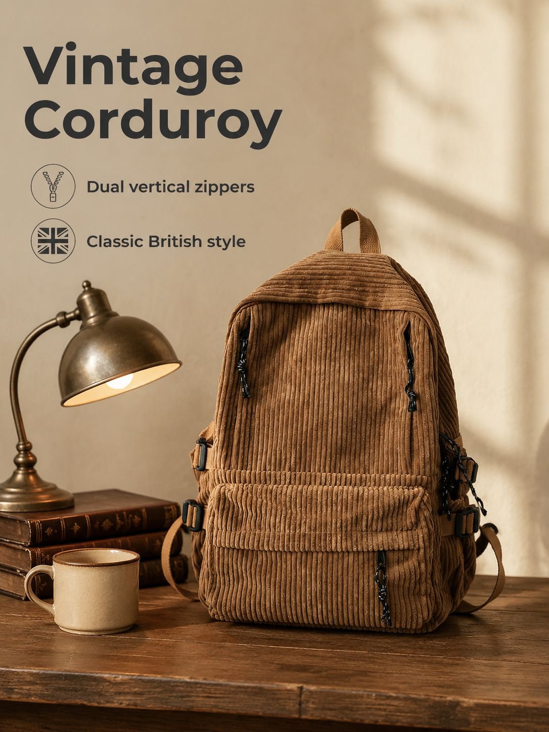 Corduroy backpack, lightweight and stylish for middle school students, large capacity, casual travel
